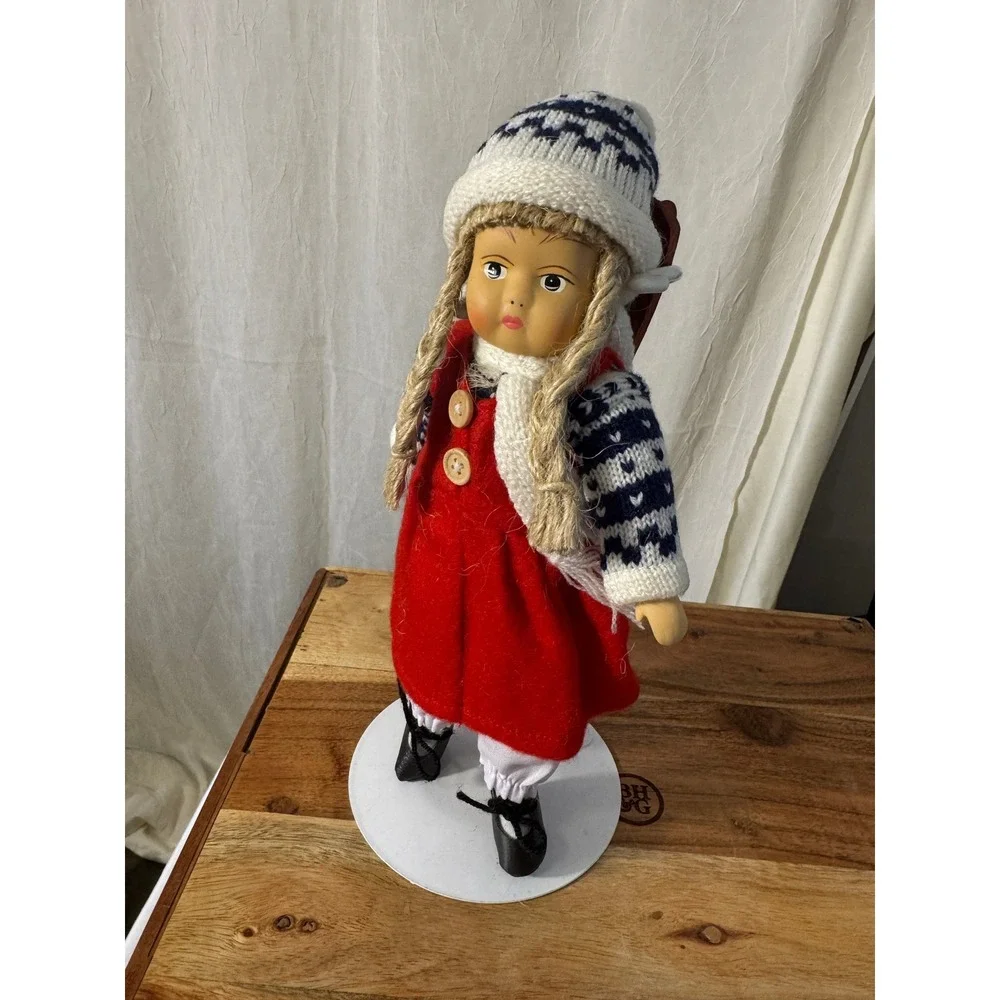 Vtg Bisque Scandinavian Girl Doll Norway Christmas Red Dress Knit Cap Wood Skiis
